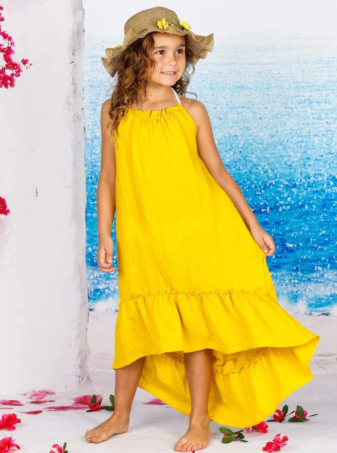 Girl Sleeveless Halter Strap Hi-Low Ruffle Maxi Dress