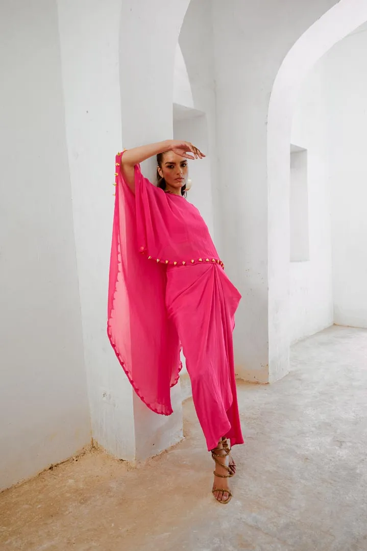 Gulbahar Hot pink bell cape and drape skirt set