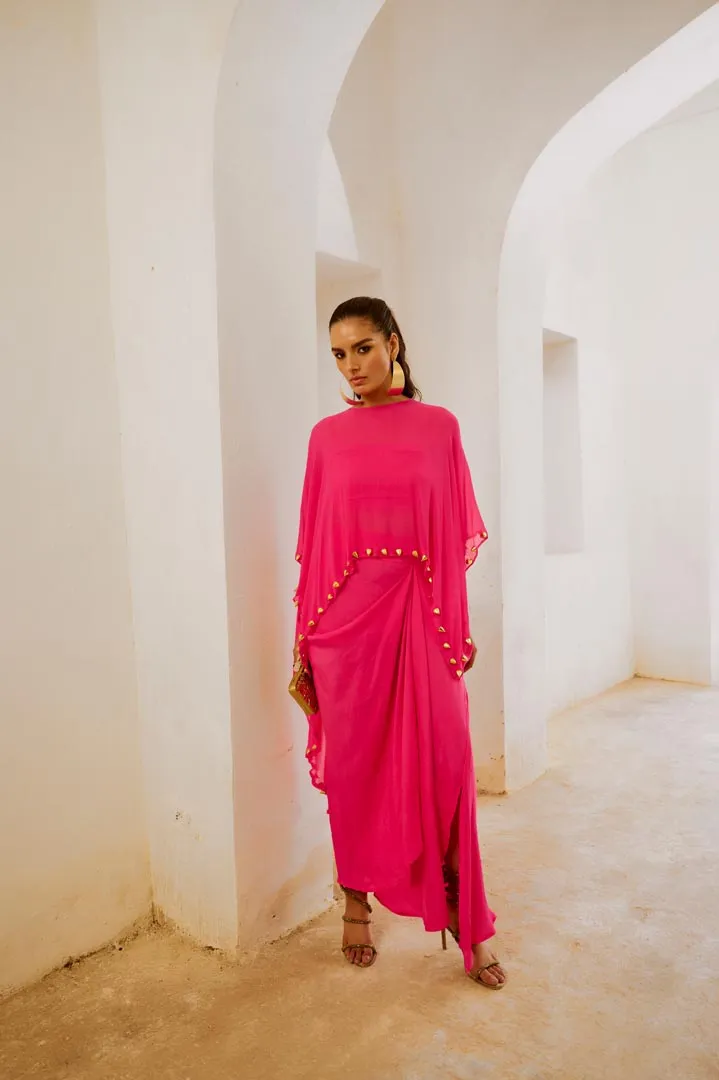 Gulbahar Hot pink bell cape and drape skirt set