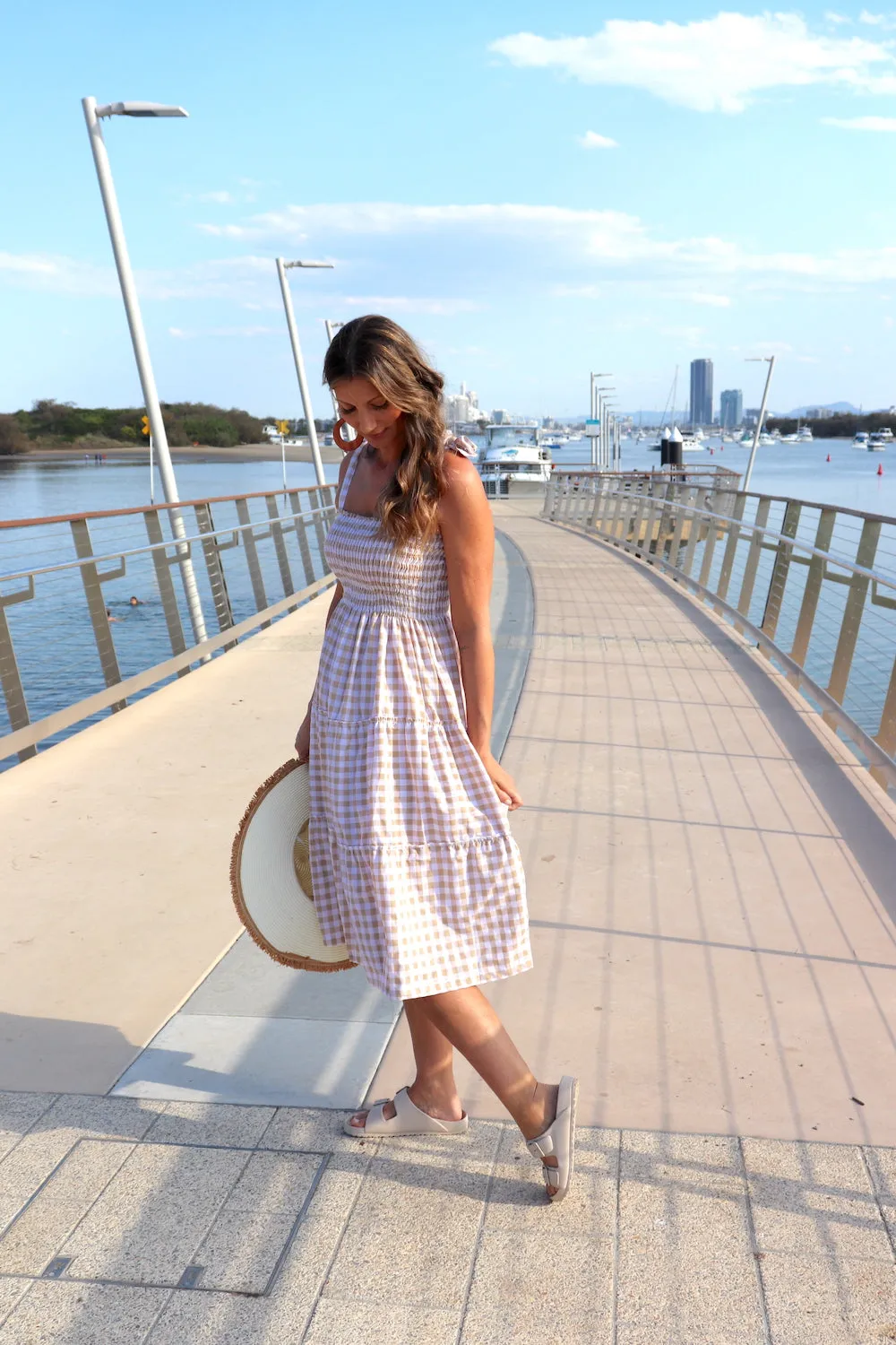 Harbour Midi Dress in Gingham Taupe