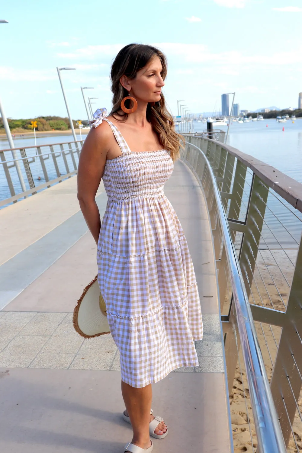 Harbour Midi Dress in Gingham Taupe