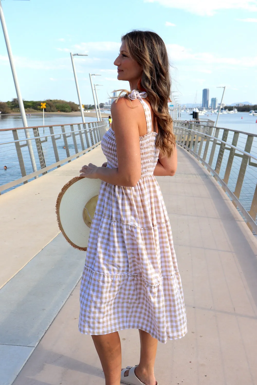 Harbour Midi Dress in Gingham Taupe