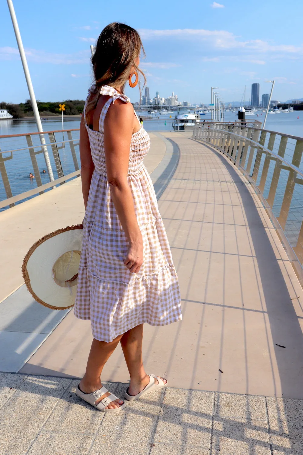 Harbour Midi Dress in Gingham Taupe