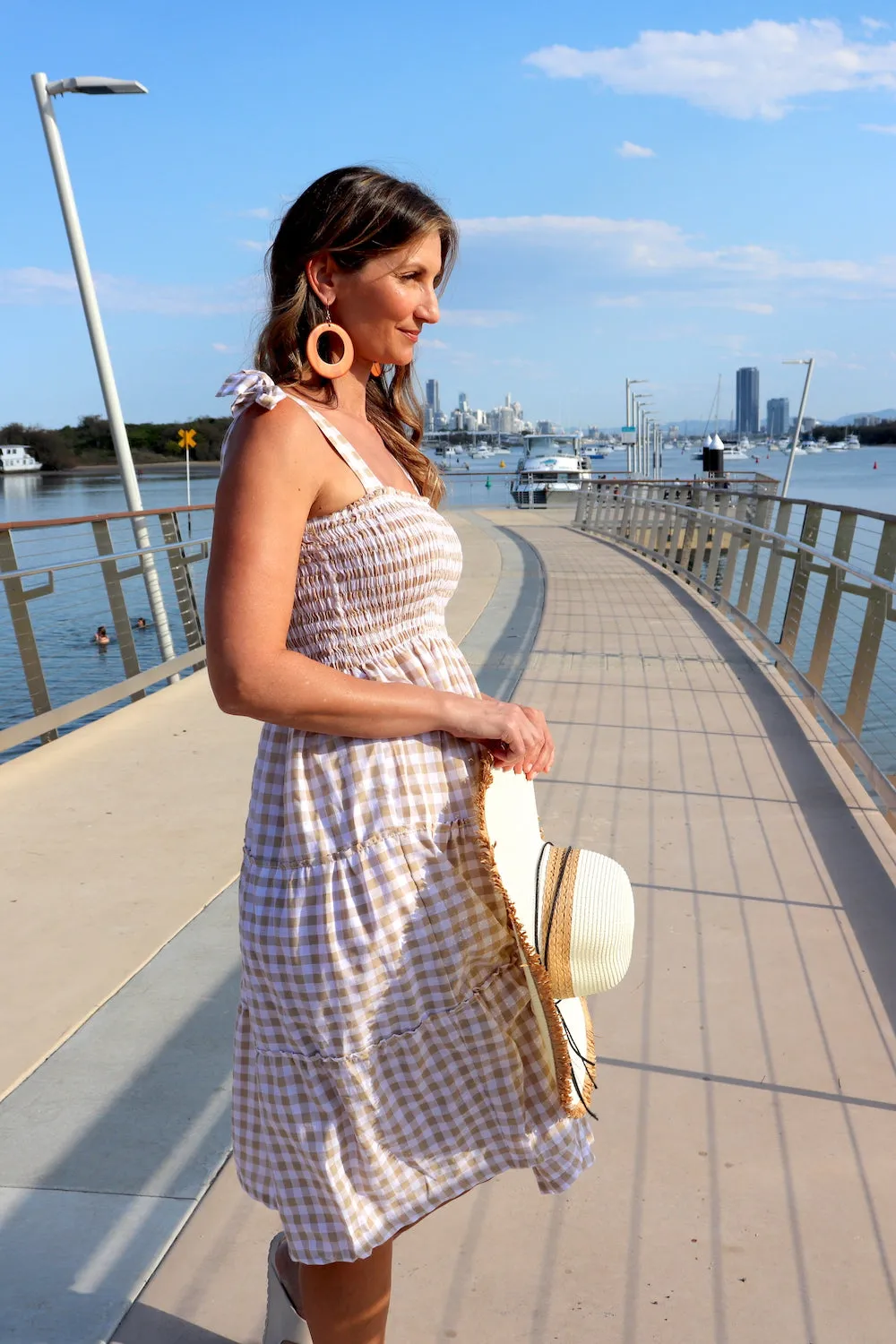 Harbour Midi Dress in Gingham Taupe