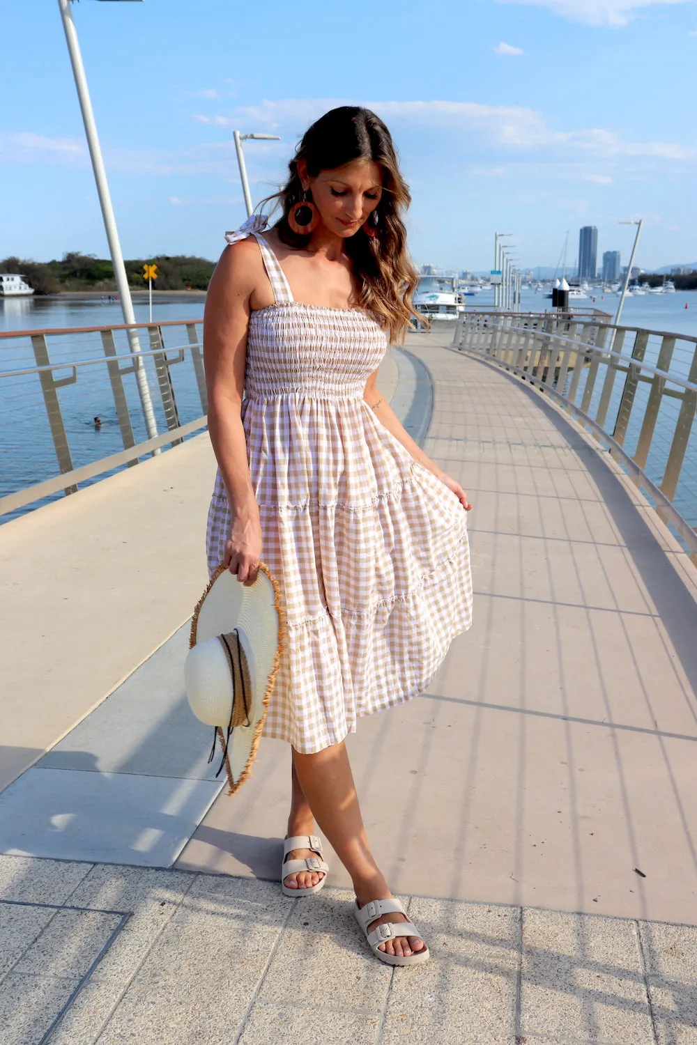 Harbour Midi Dress in Gingham Taupe