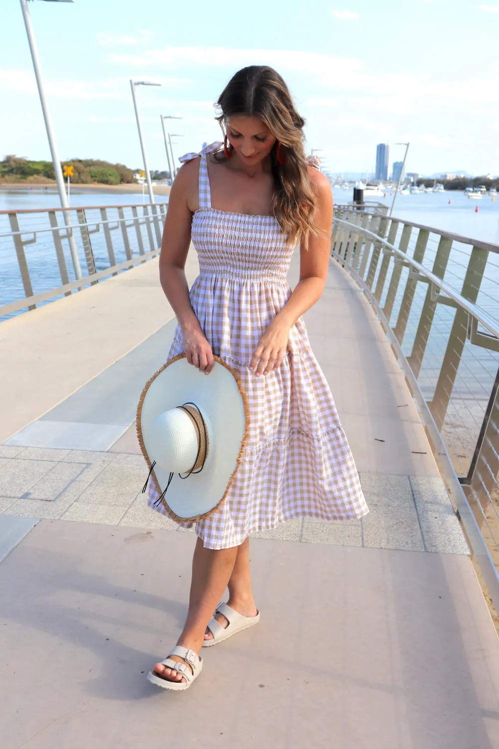 Harbour Midi Dress in Gingham Taupe