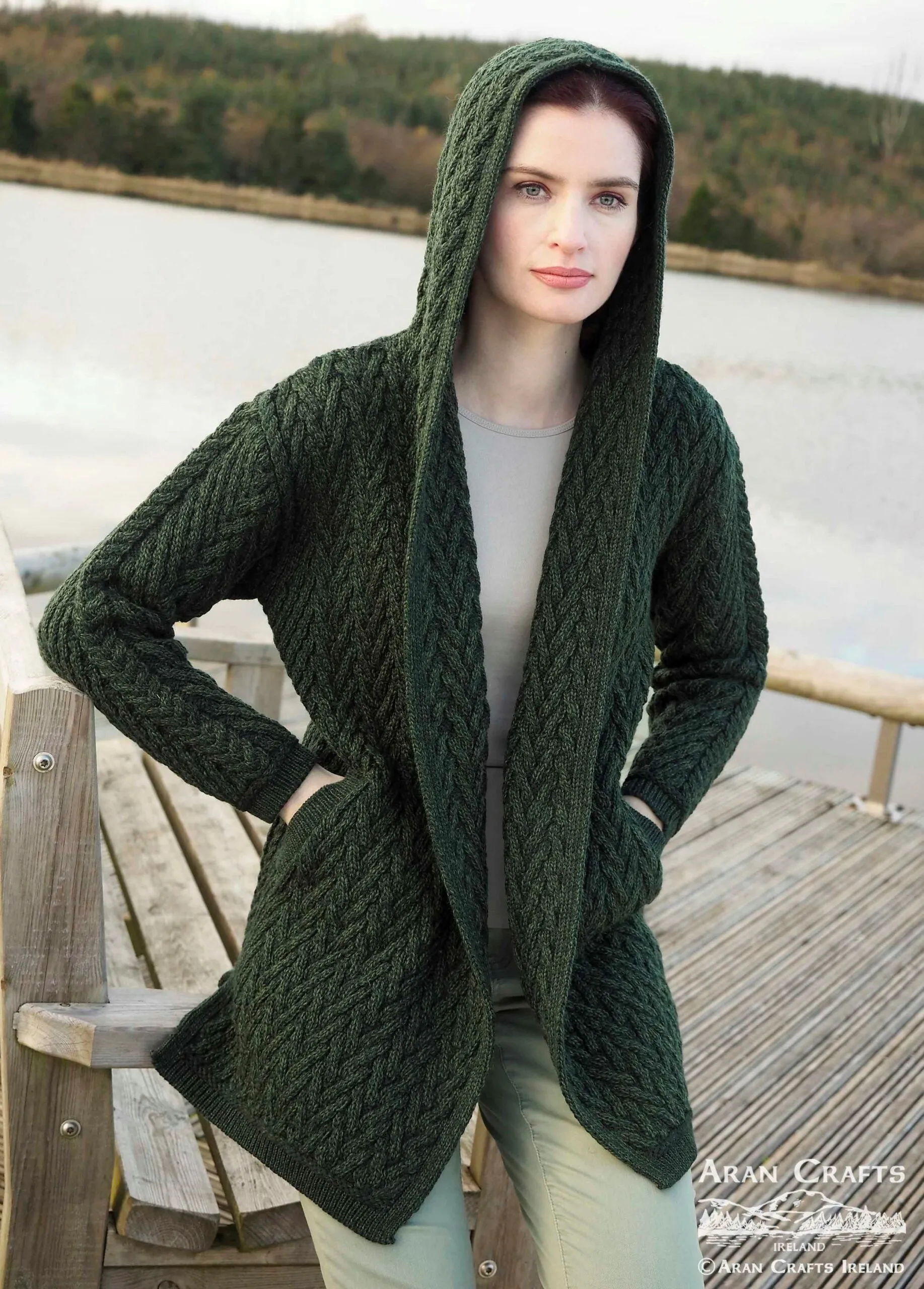 Herringbone Hooded Cardigan - Army Green