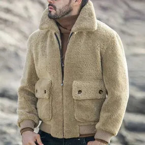 Ilooove - Mens Fashion Solid Color Winter Lamb Wool Jacket Lapel Zipper Padded Plush Coat