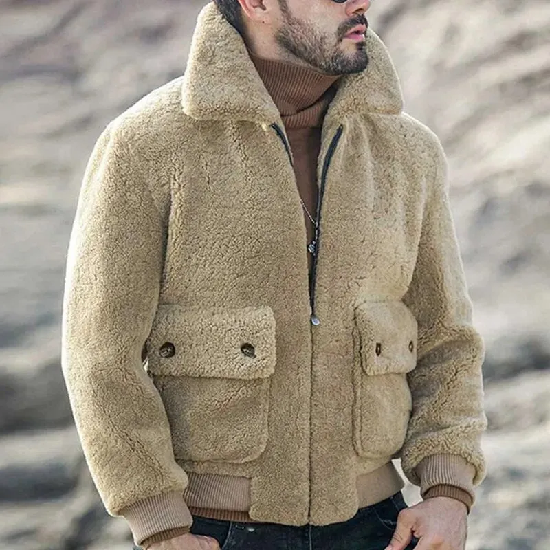 Ilooove - Mens Fashion Solid Color Winter Lamb Wool Jacket Lapel Zipper Padded Plush Coat