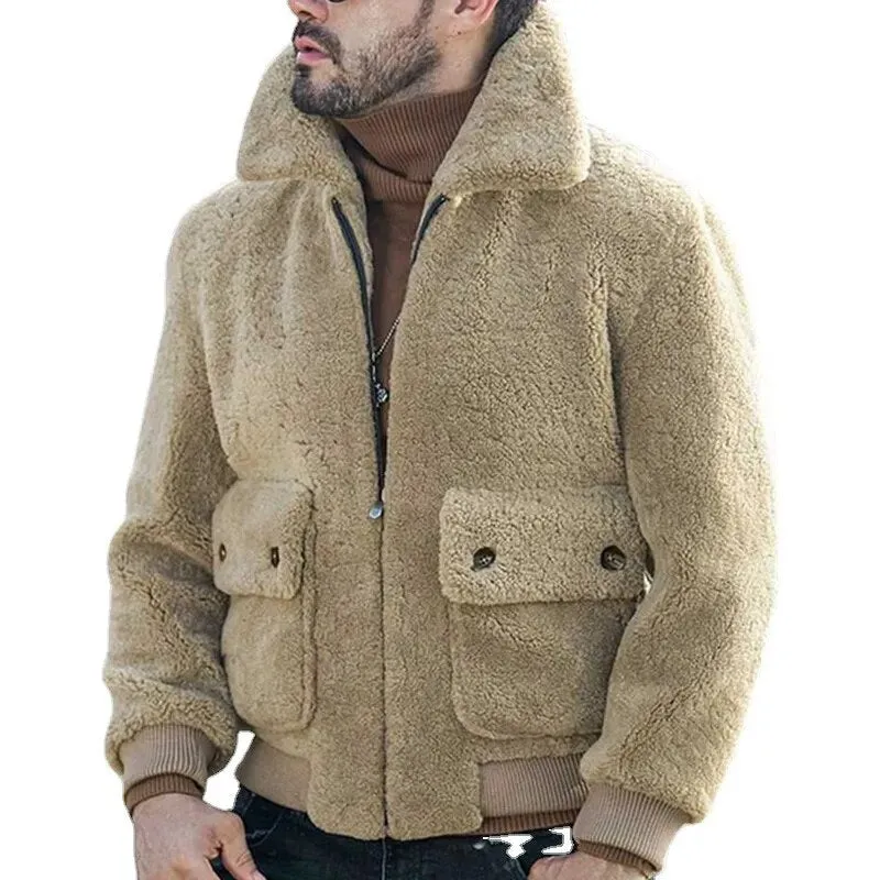 Ilooove - Mens Fashion Solid Color Winter Lamb Wool Jacket Lapel Zipper Padded Plush Coat