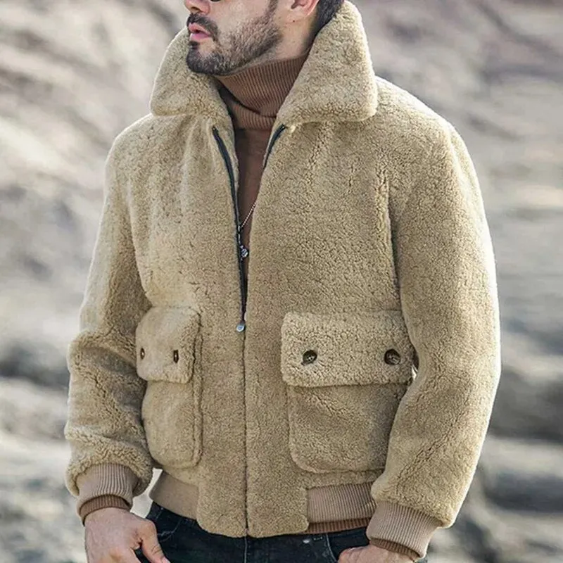 Ilooove - Mens Fashion Solid Color Winter Lamb Wool Jacket Lapel Zipper Padded Plush Coat