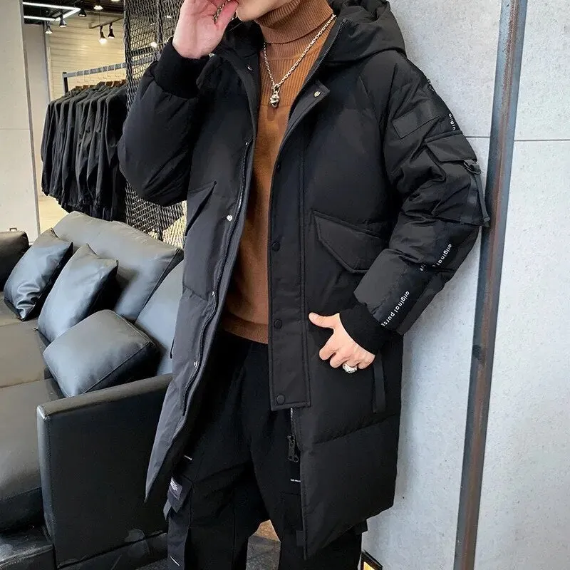 Ilooove - New Arrival Down Coat Winter Men Korean Style White Duck Down Hooded Jacket Mid-long Stylish Outerwear Thick Warm Male Clothes