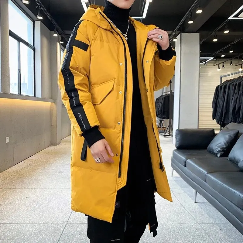 Ilooove - New Arrival Down Coat Winter Men Korean Style White Duck Down Hooded Jacket Mid-long Stylish Outerwear Thick Warm Male Clothes