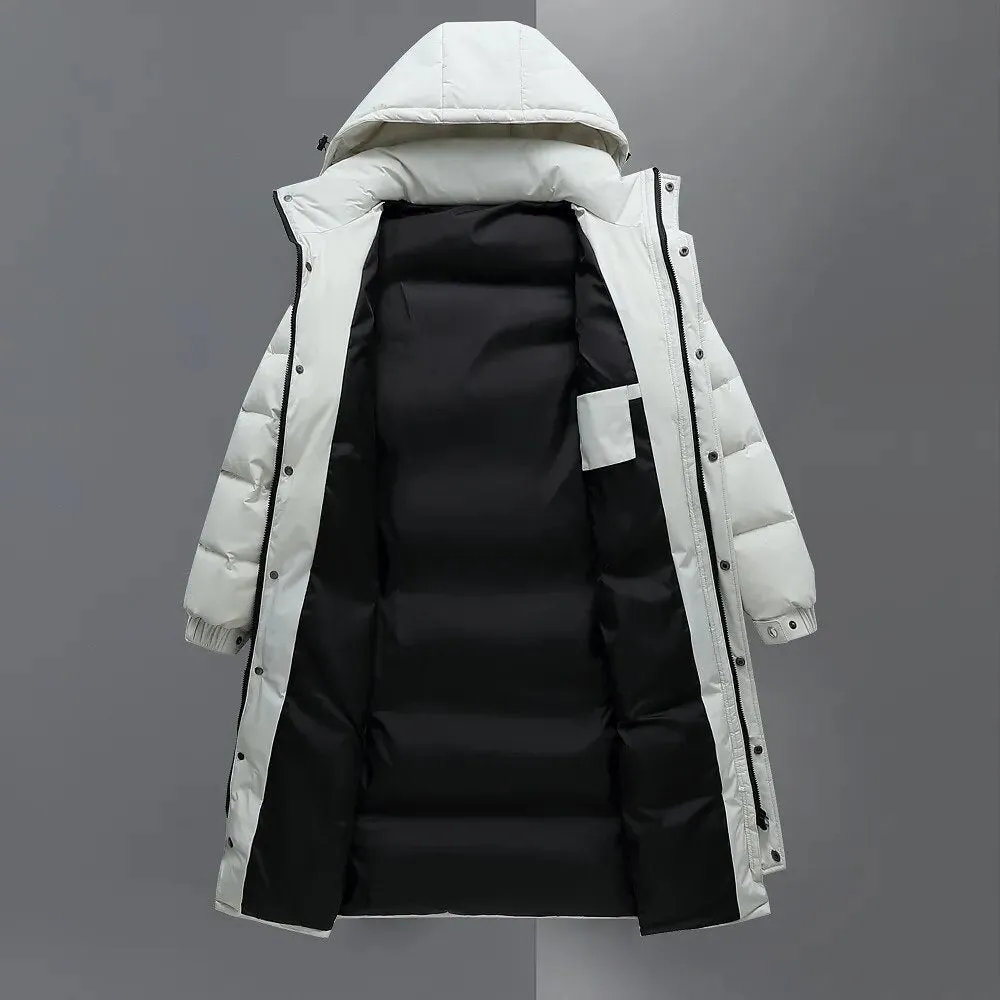 Ilooove - New Fashion Men's Down Coat Long Knee-Length Outdoor Hooded Jacket