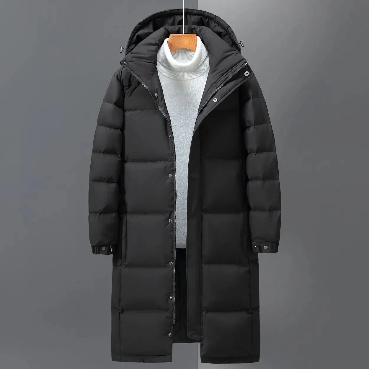 Ilooove - New Fashion Men's Down Coat Long Knee-Length Outdoor Hooded Jacket