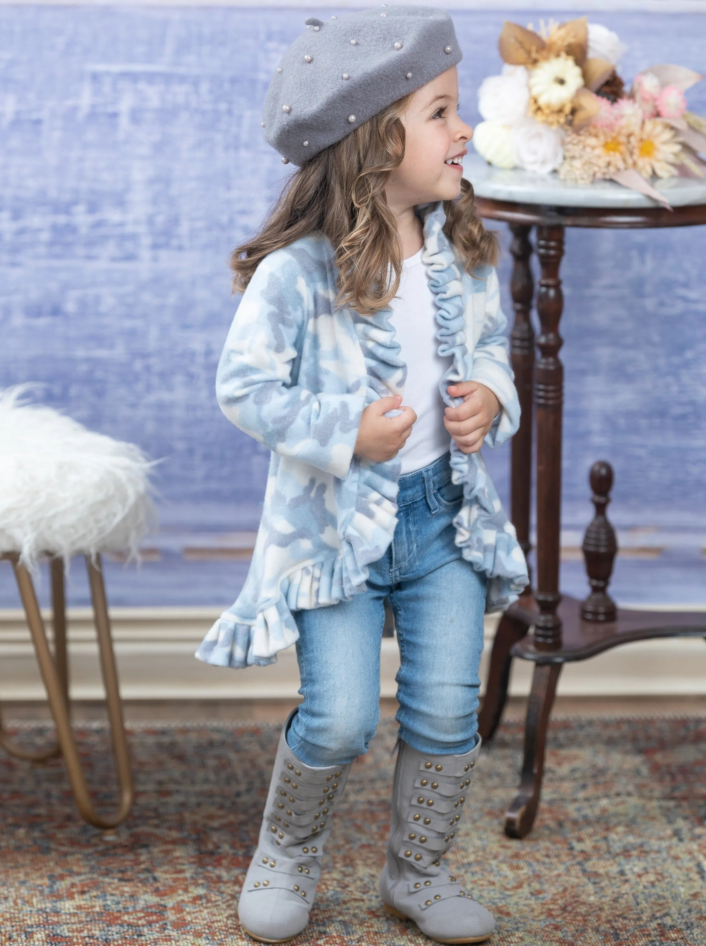 In Command Blue Camo Ruffle Cardigan