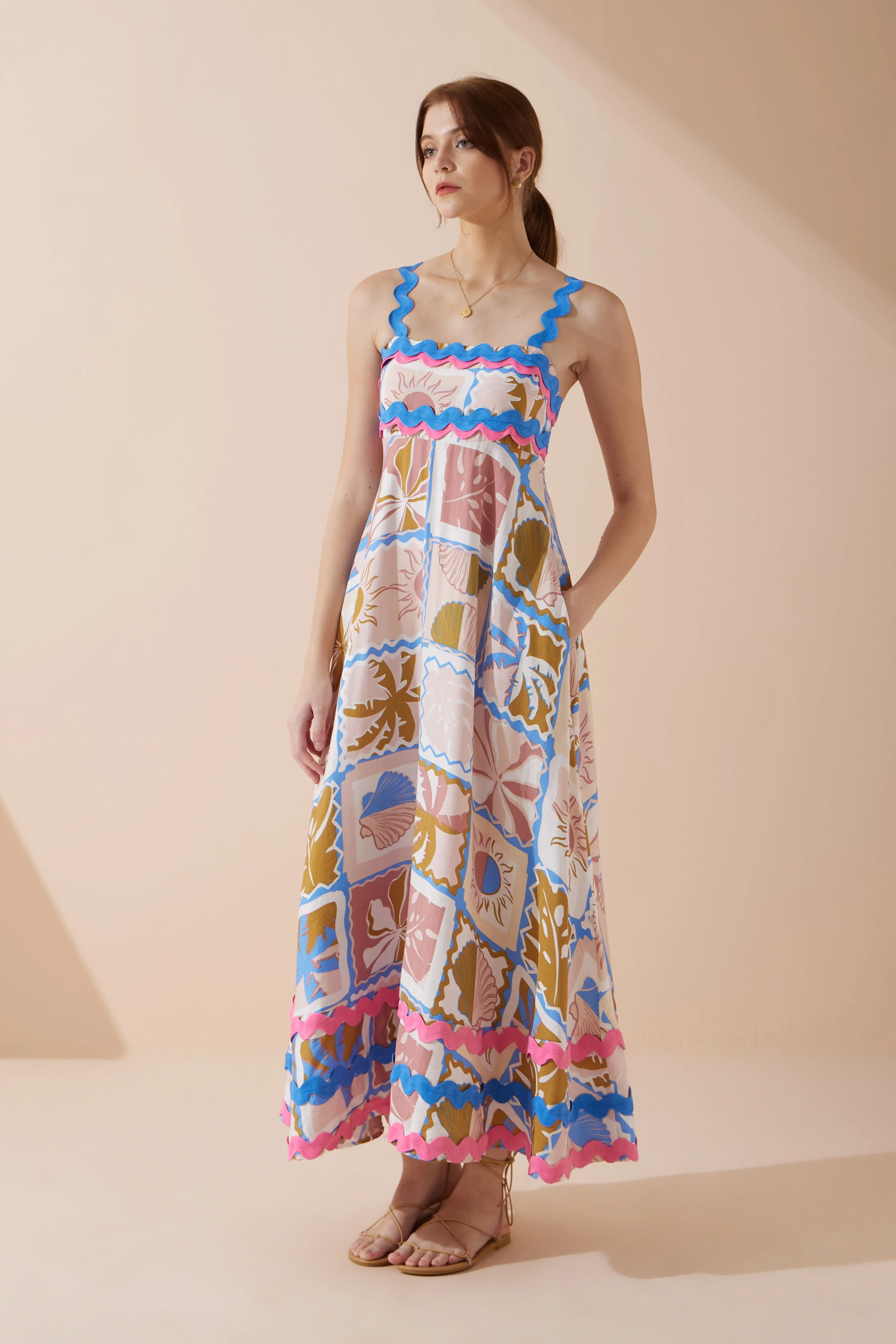 Ismerie Pink Tropical Ric Rac Maxi Dress