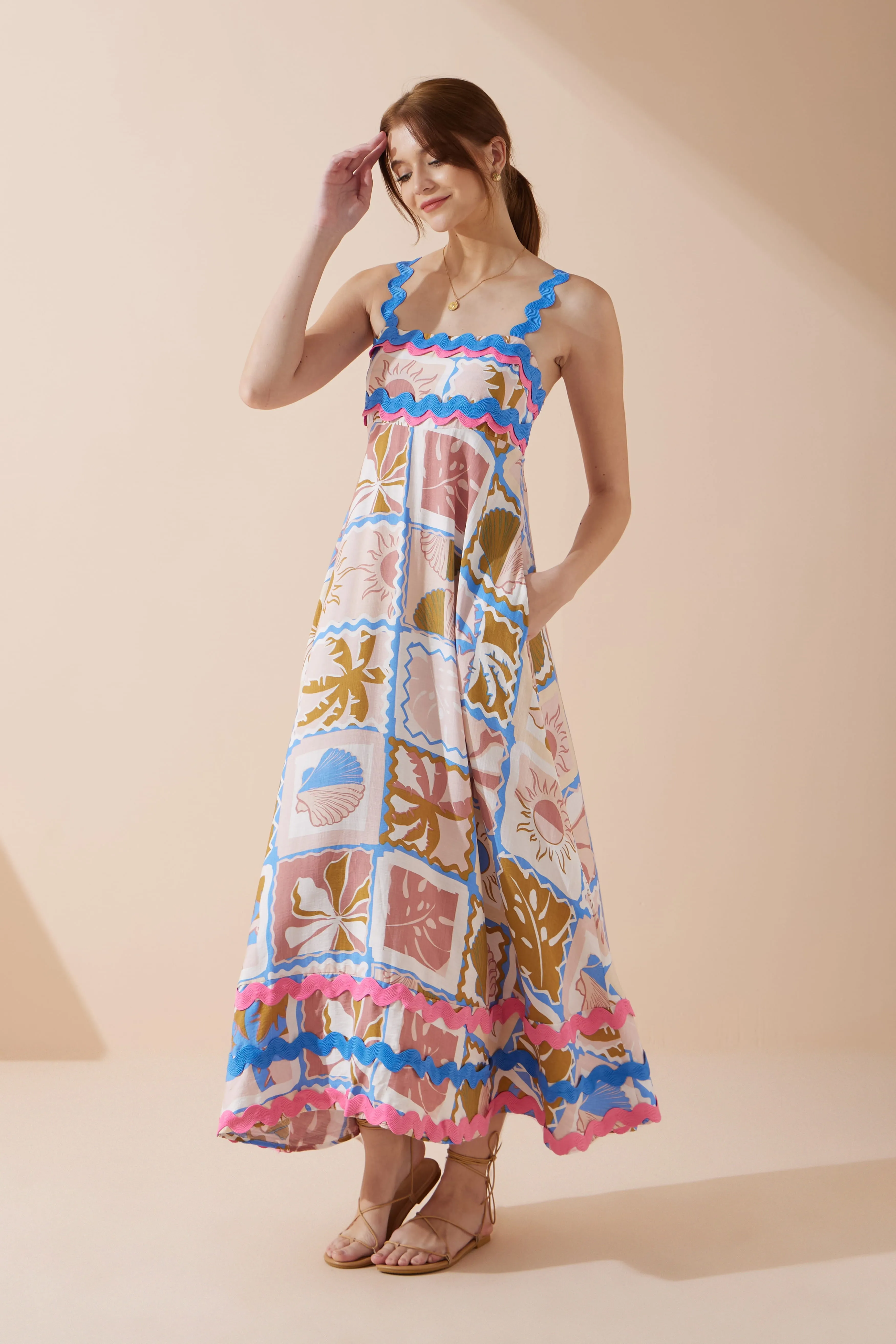 Ismerie Pink Tropical Ric Rac Maxi Dress