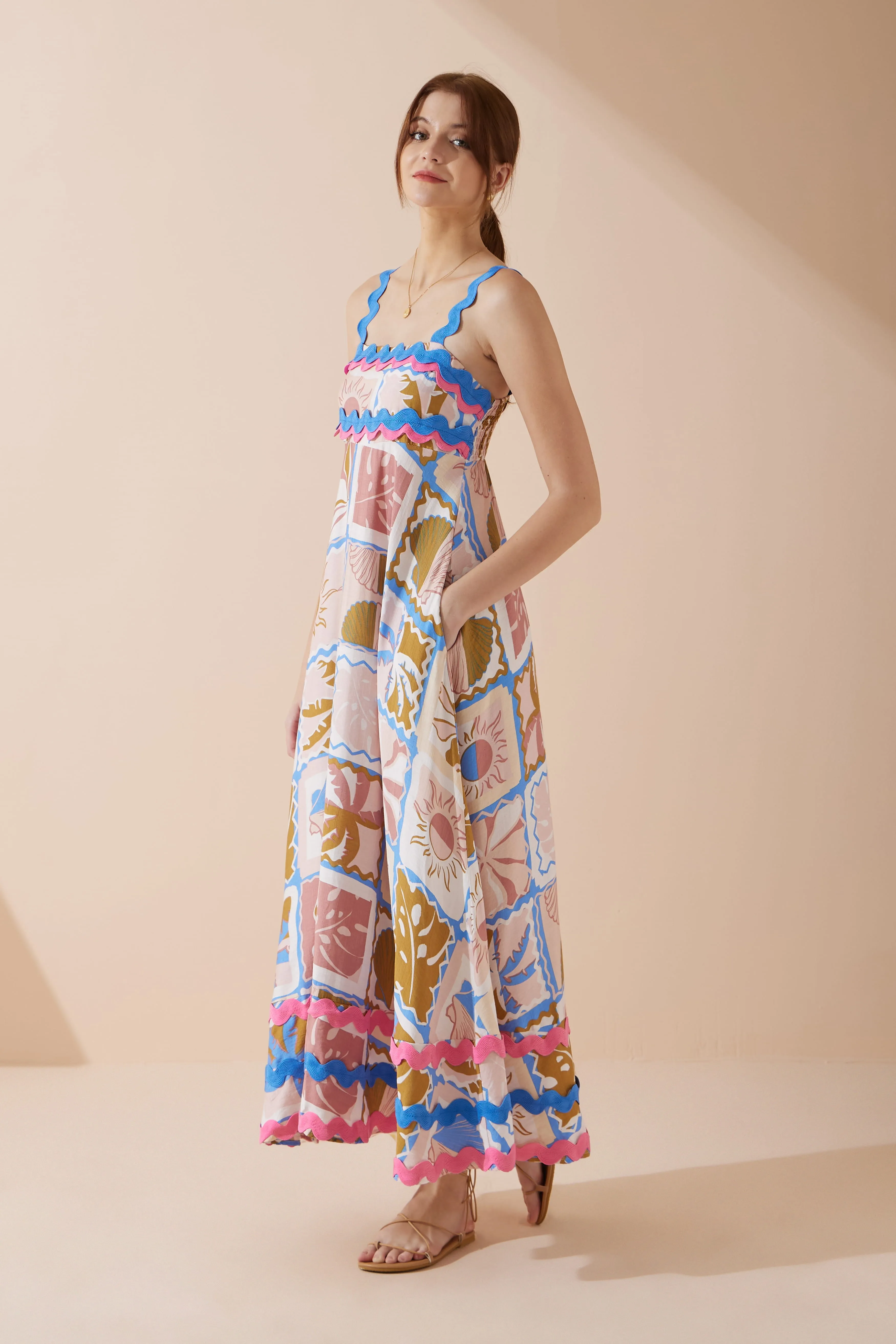 Ismerie Pink Tropical Ric Rac Maxi Dress