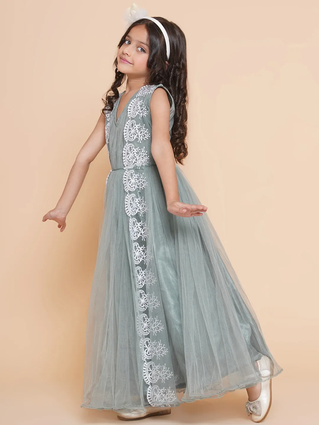 Jashvi Girls Green Net Embroidered Fit & Flare Gown.