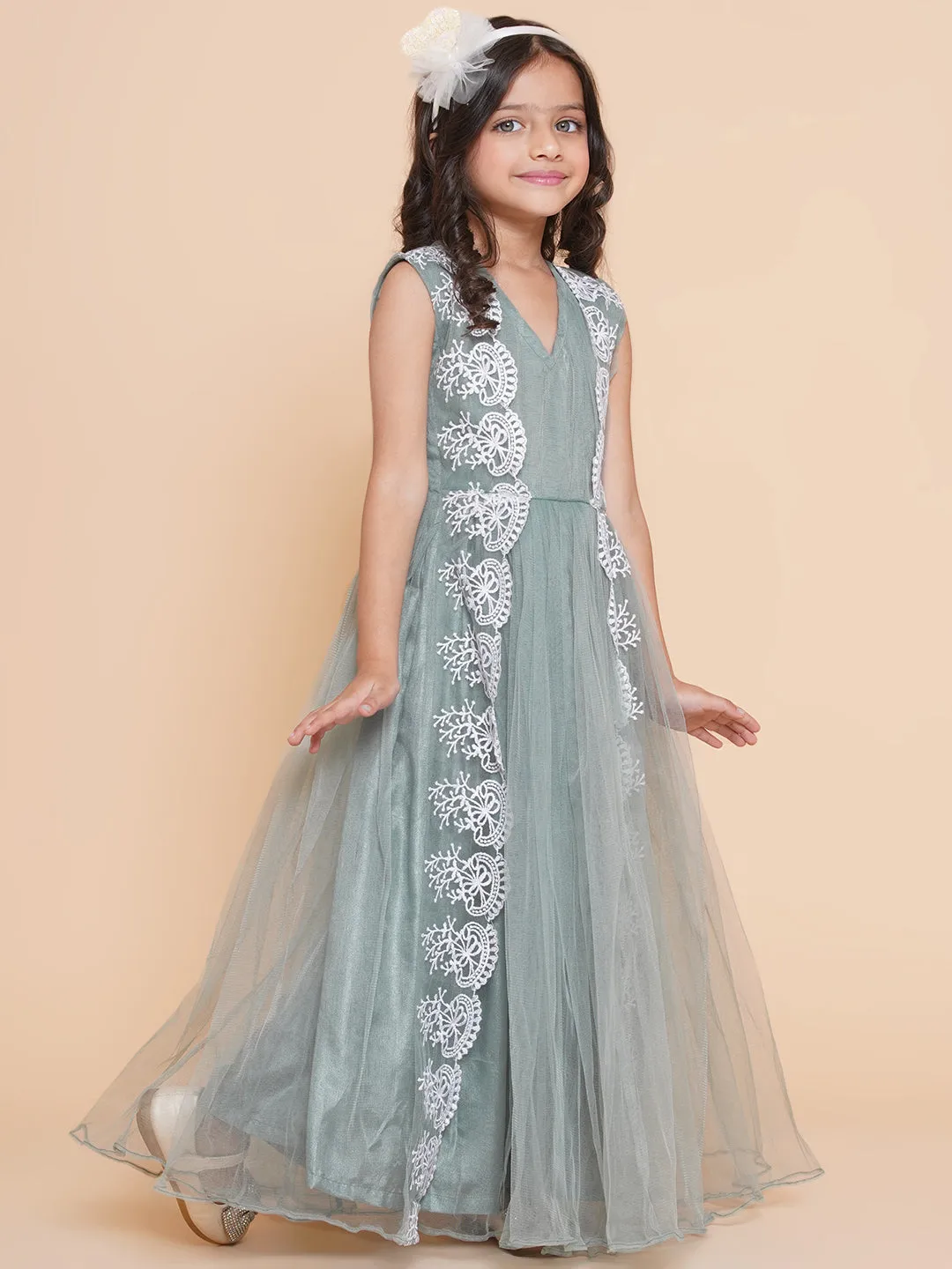 Jashvi Girls Green Net Embroidered Fit & Flare Gown.