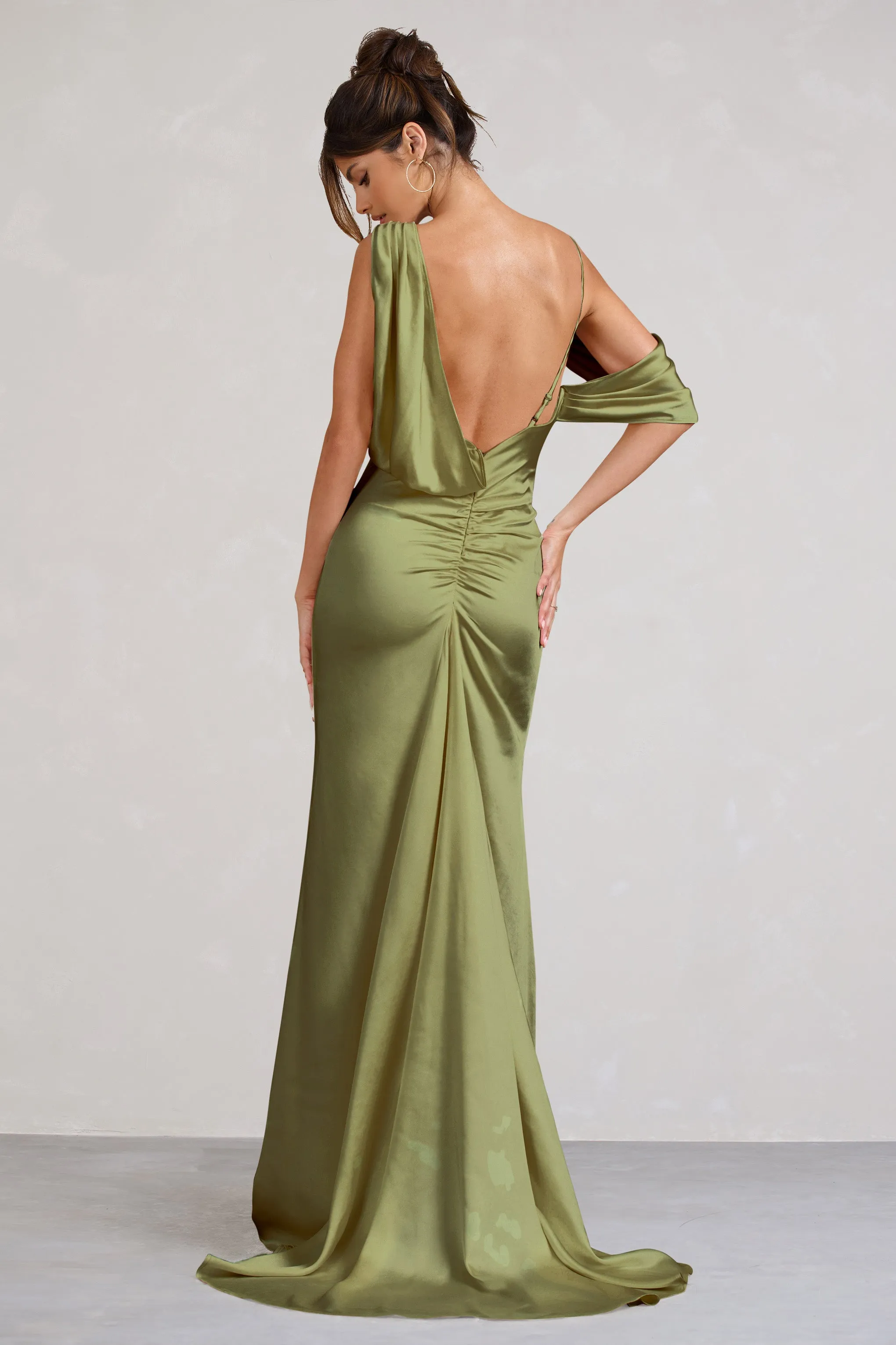 Jayne | Olive Satin Asymmetric Draped Split Maxi Dress