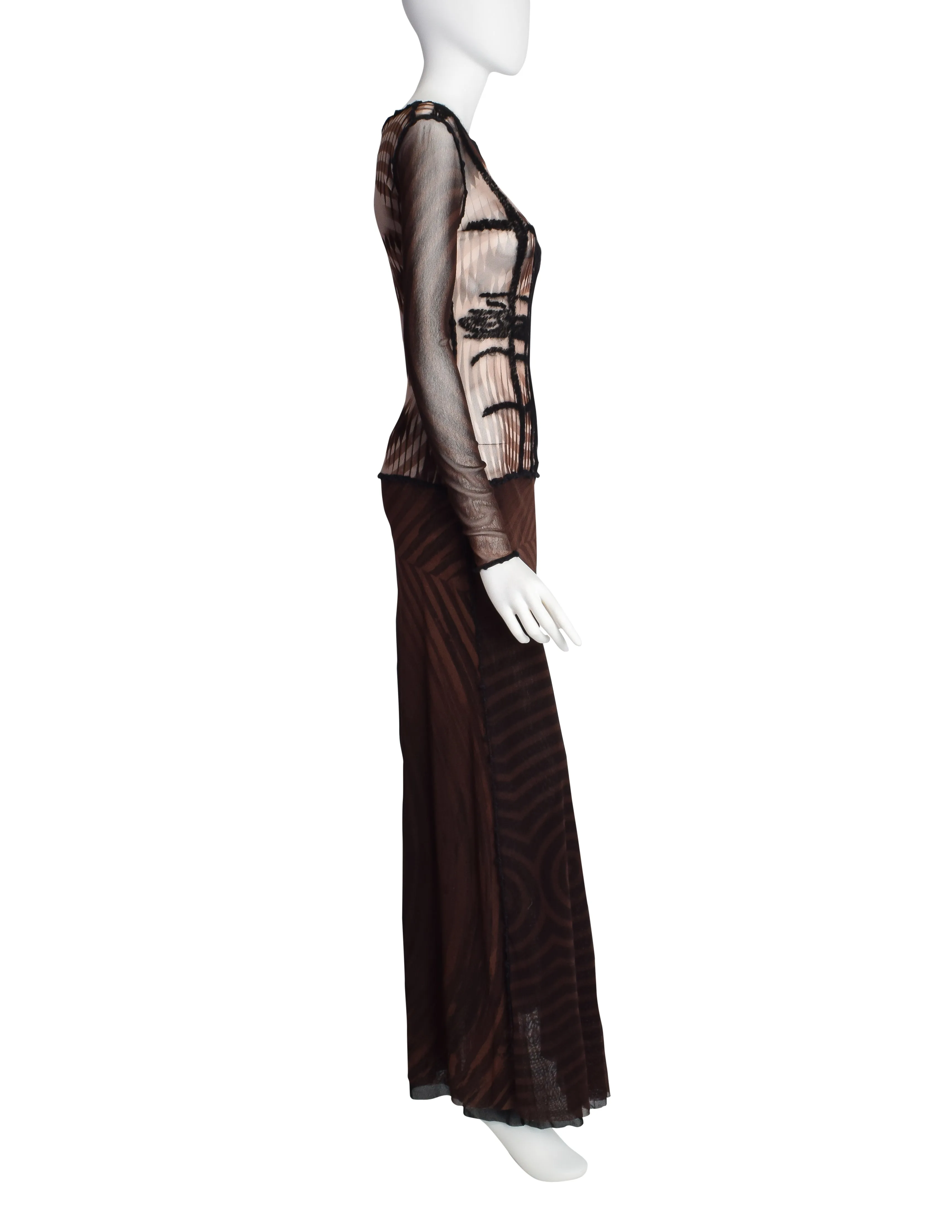 Jean Paul Gaultier Vintage Brown and Black Graphic Greta Garbo Face Print Mesh Maxi Dress