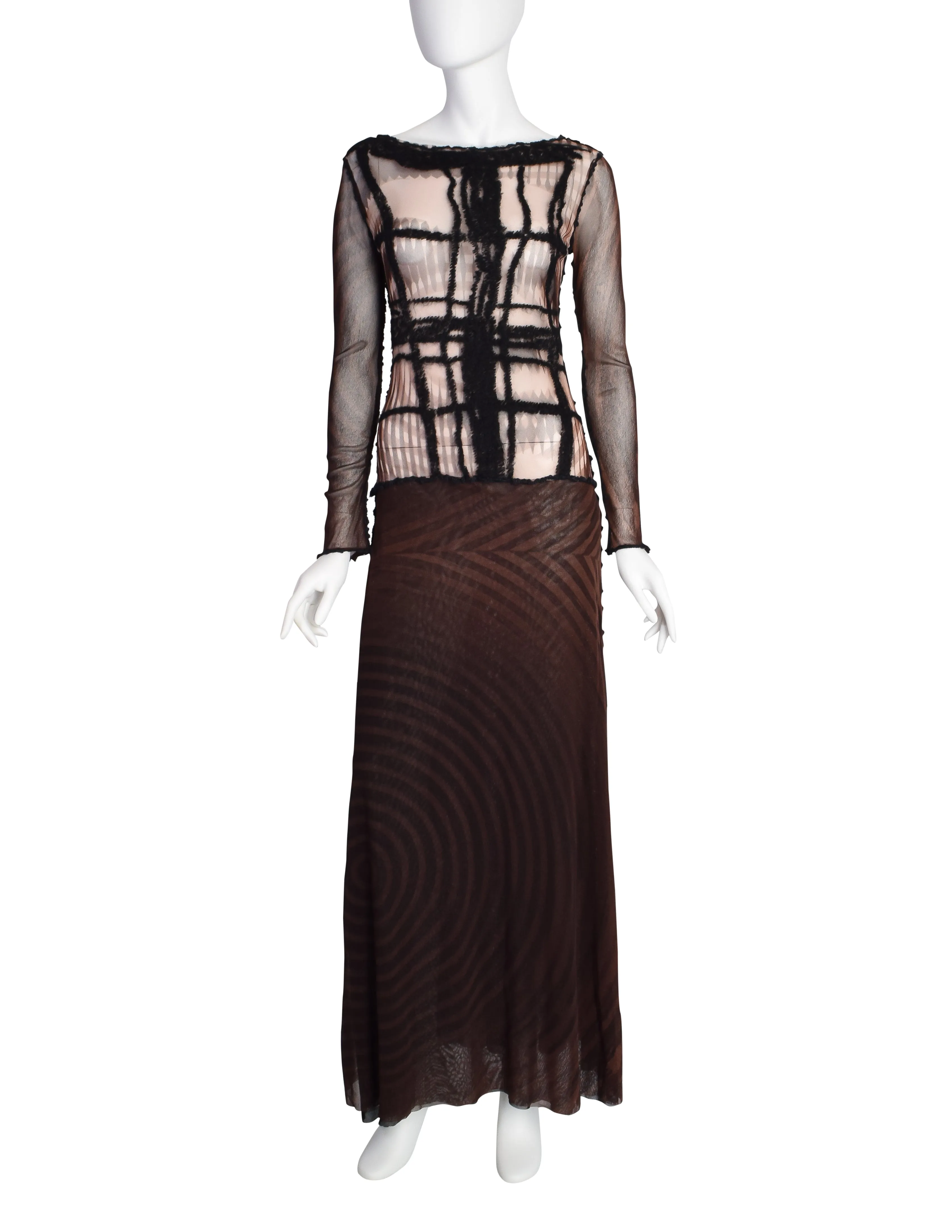 Jean Paul Gaultier Vintage Brown and Black Graphic Greta Garbo Face Print Mesh Maxi Dress