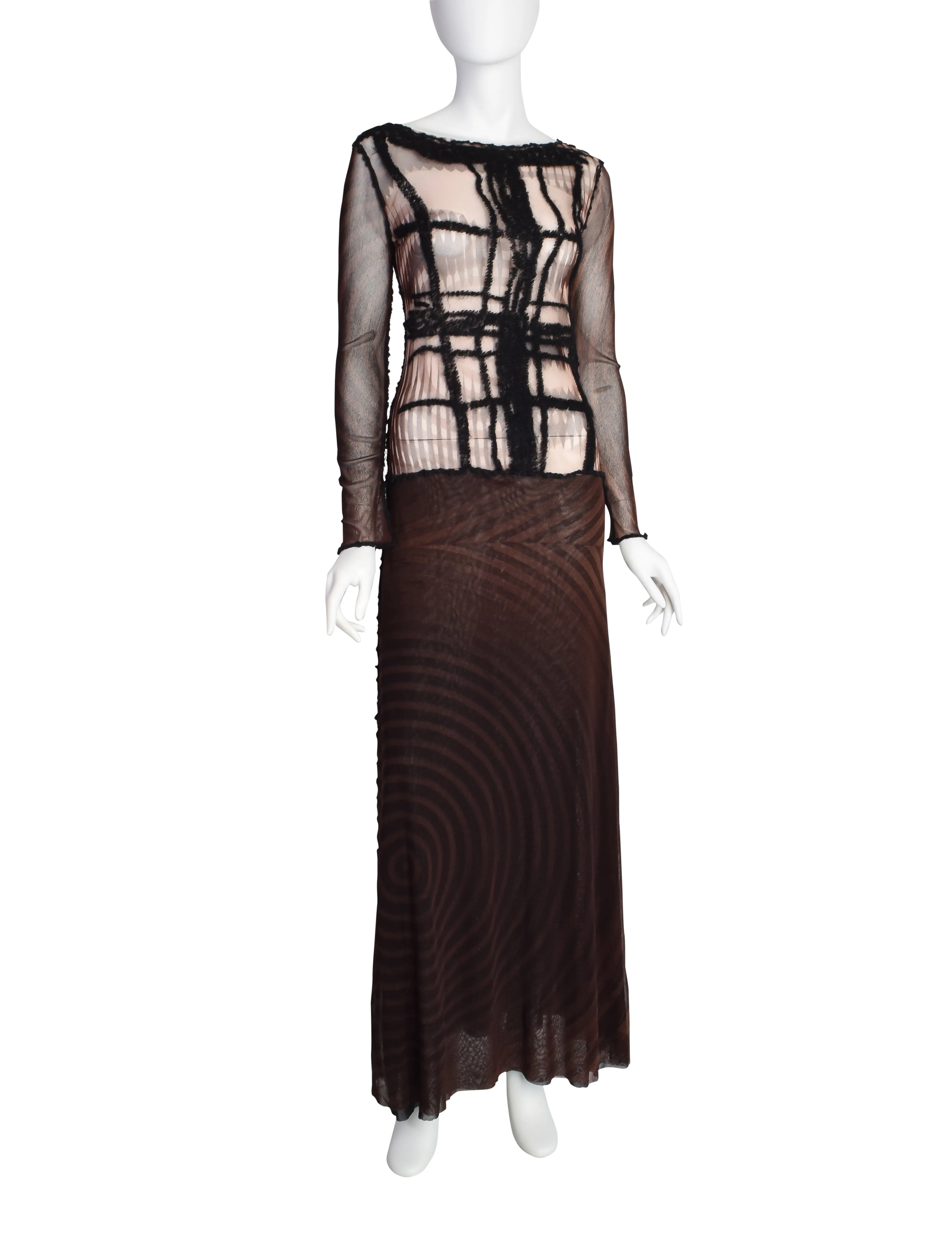 Jean Paul Gaultier Vintage Brown and Black Graphic Greta Garbo Face Print Mesh Maxi Dress