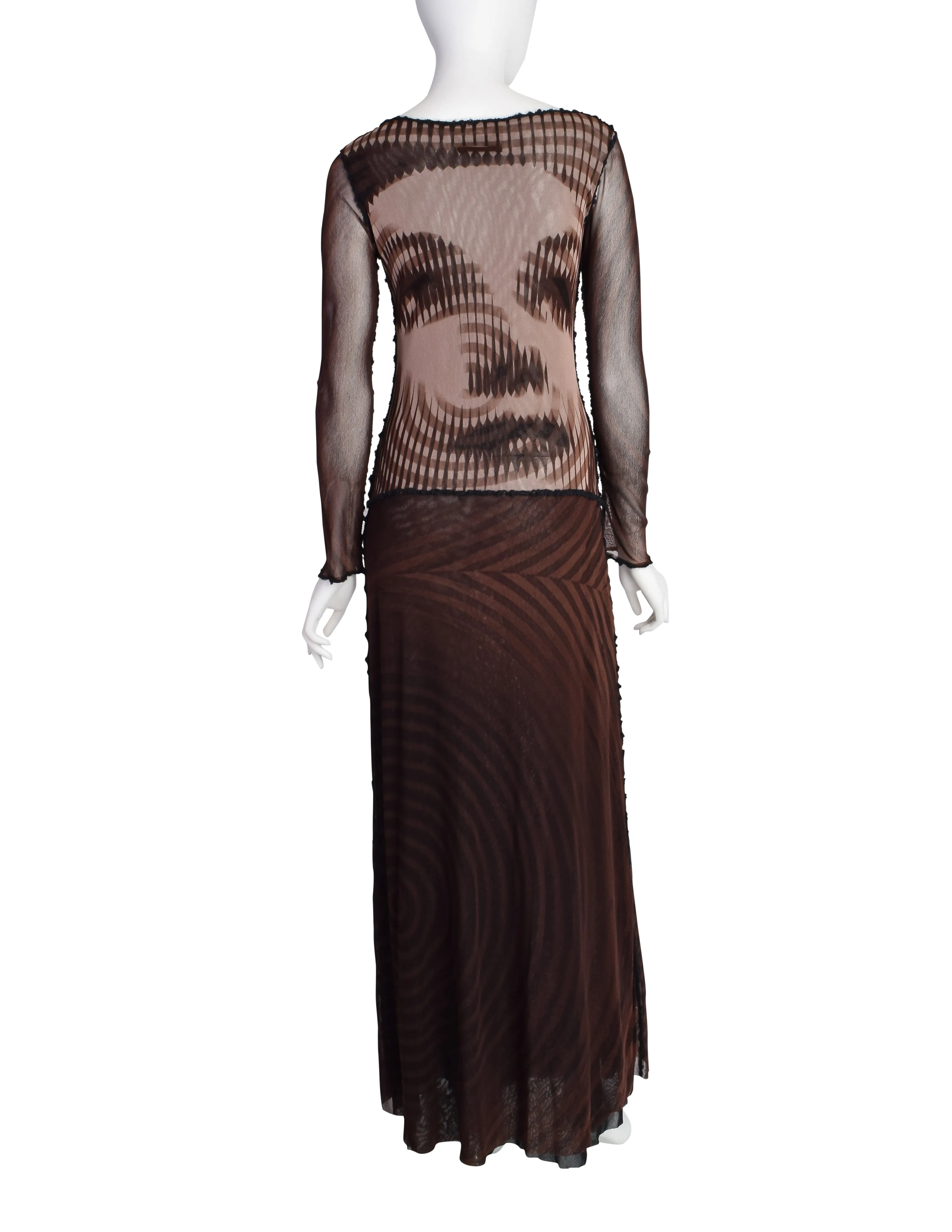 Jean Paul Gaultier Vintage Brown and Black Graphic Greta Garbo Face Print Mesh Maxi Dress