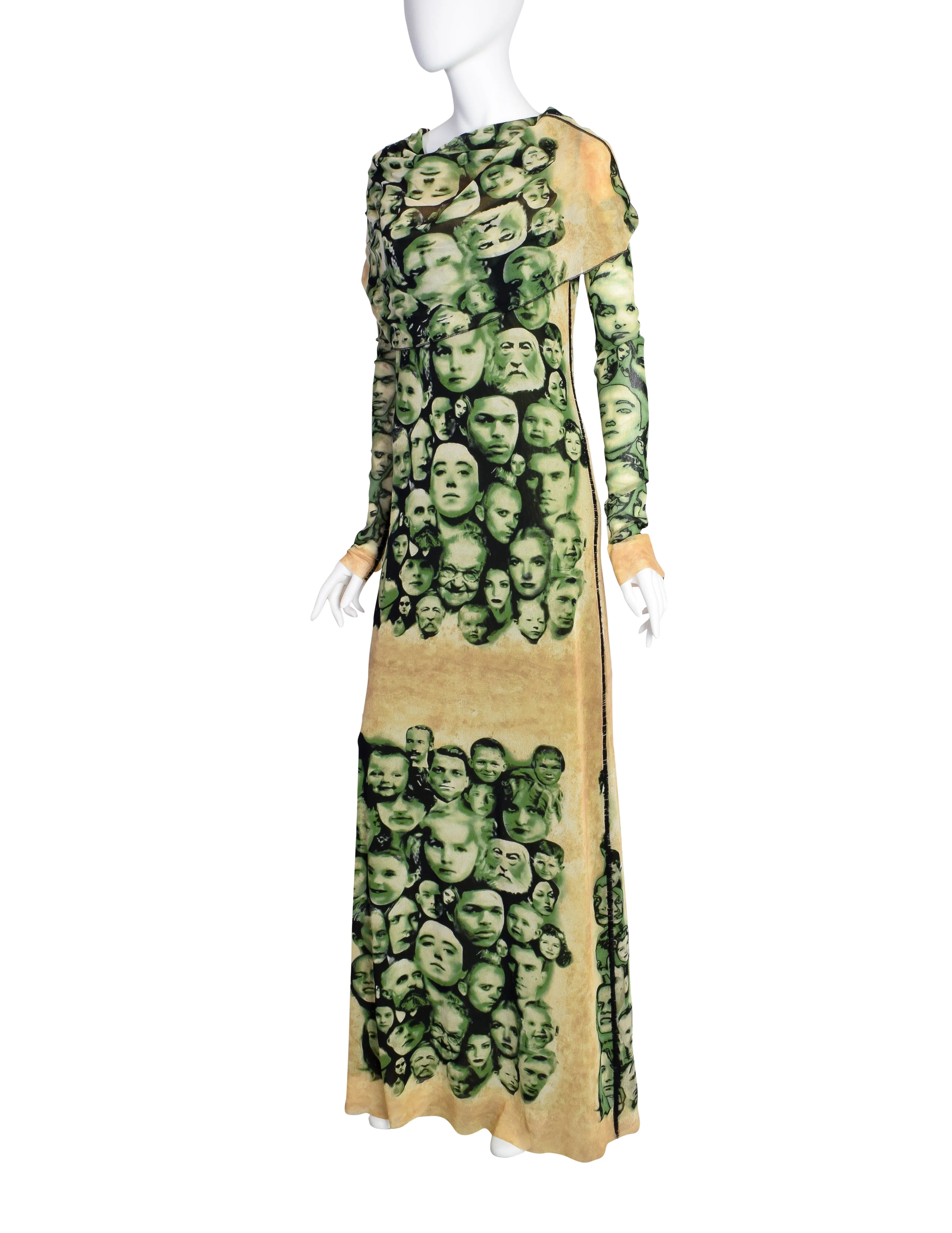 Jean Paul Gaultier Vintage Green Beige Face Print Cowl Hood Mesh Maxi Dress