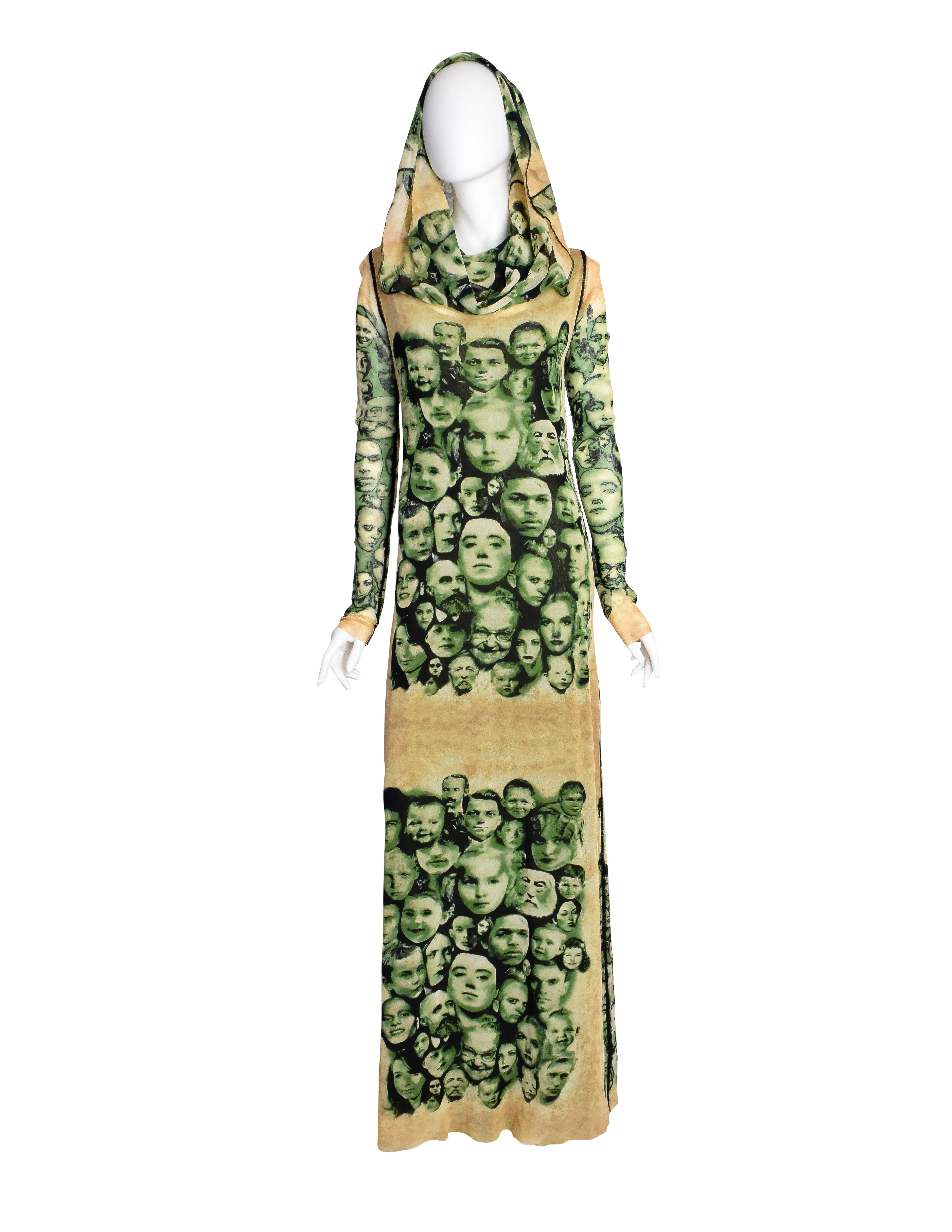 Jean Paul Gaultier Vintage Green Beige Face Print Cowl Hood Mesh Maxi Dress