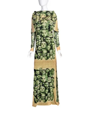 Jean Paul Gaultier Vintage Green Beige Face Print Cowl Hood Mesh Maxi Dress