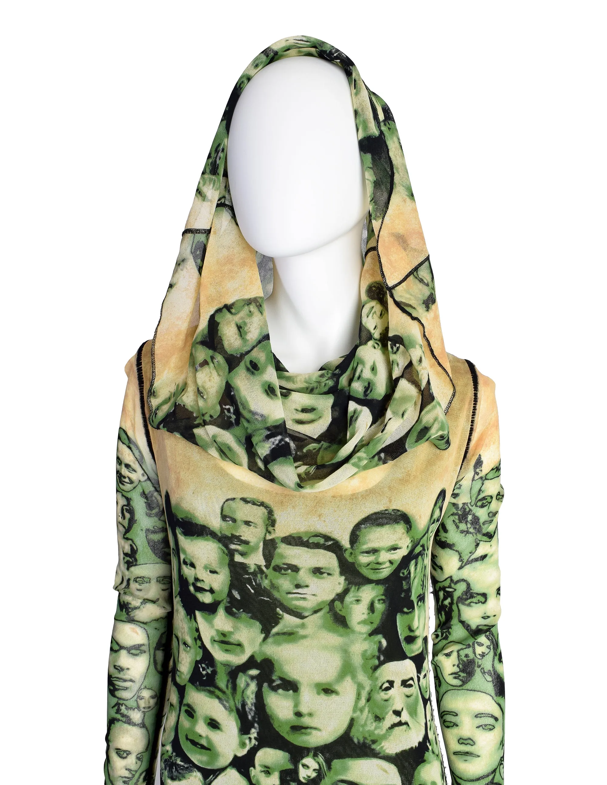 Jean Paul Gaultier Vintage Green Beige Face Print Cowl Hood Mesh Maxi Dress