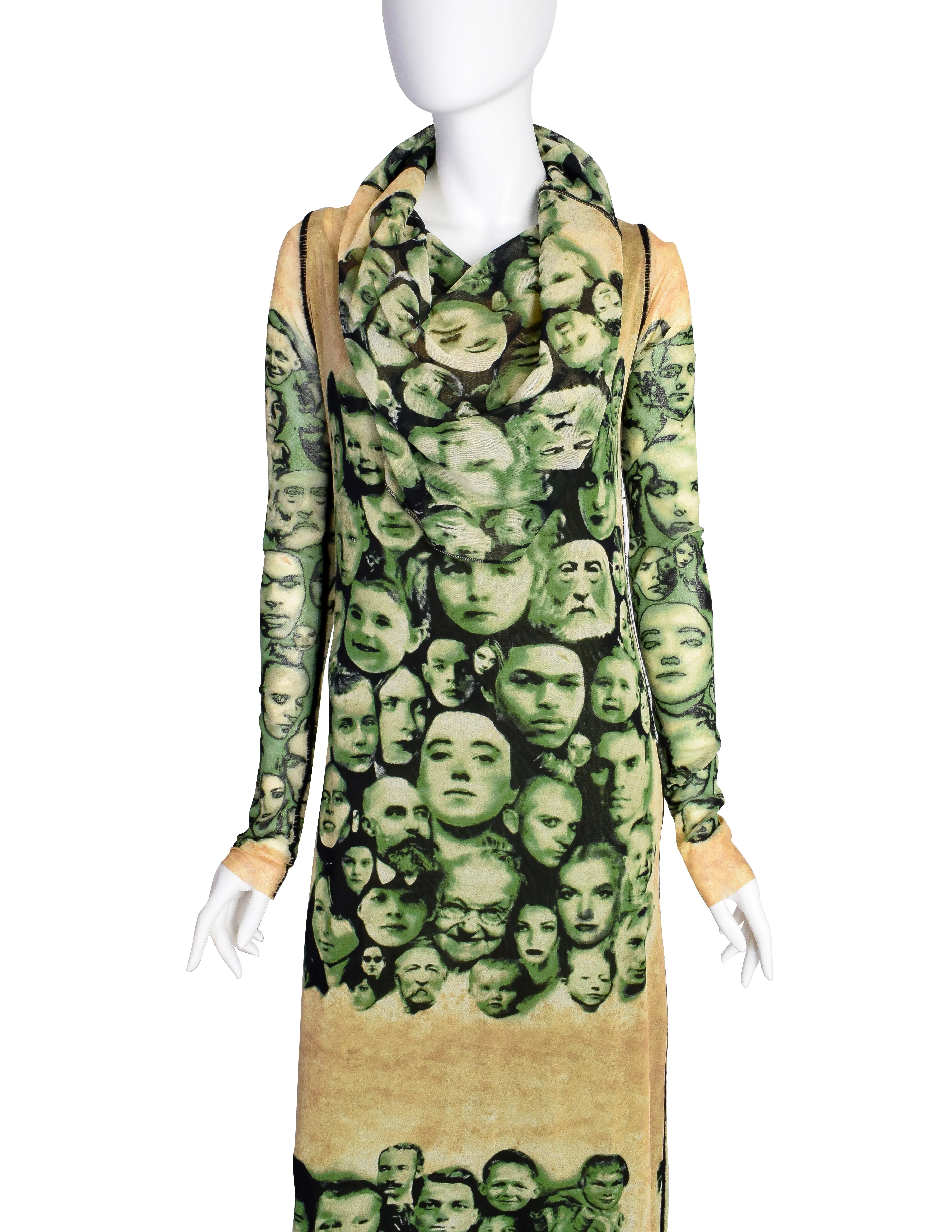 Jean Paul Gaultier Vintage Green Beige Face Print Cowl Hood Mesh Maxi Dress