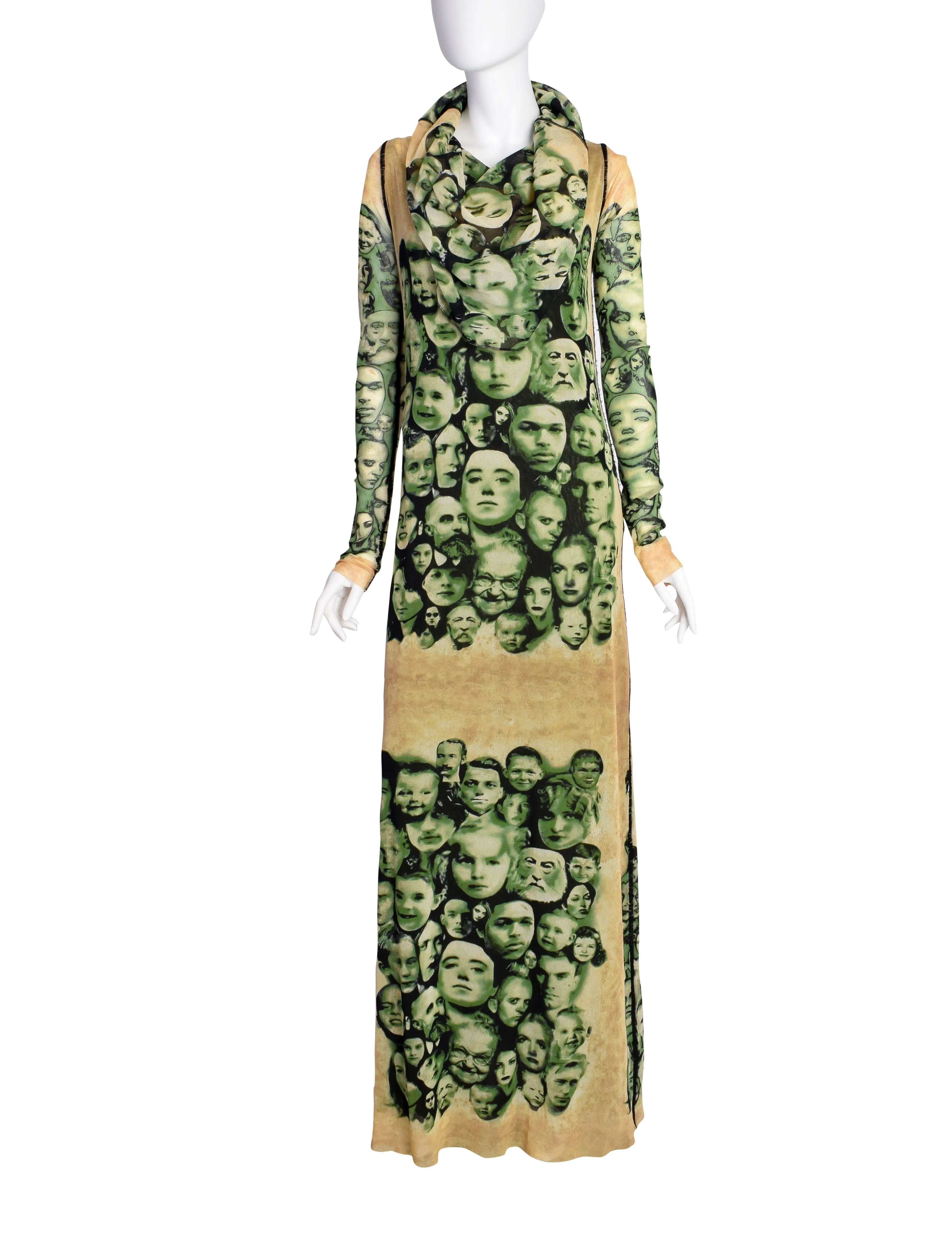 Jean Paul Gaultier Vintage Green Beige Face Print Cowl Hood Mesh Maxi Dress