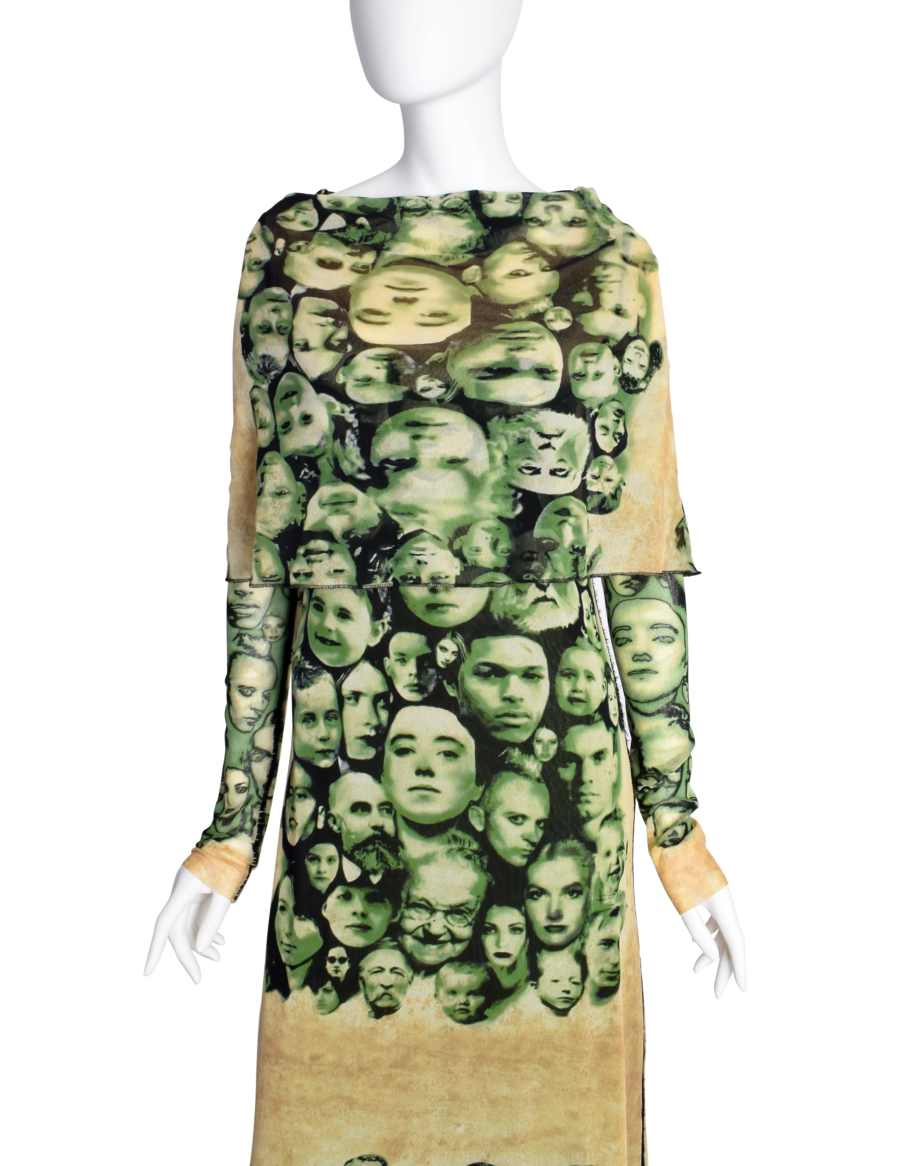 Jean Paul Gaultier Vintage Green Beige Face Print Cowl Hood Mesh Maxi Dress