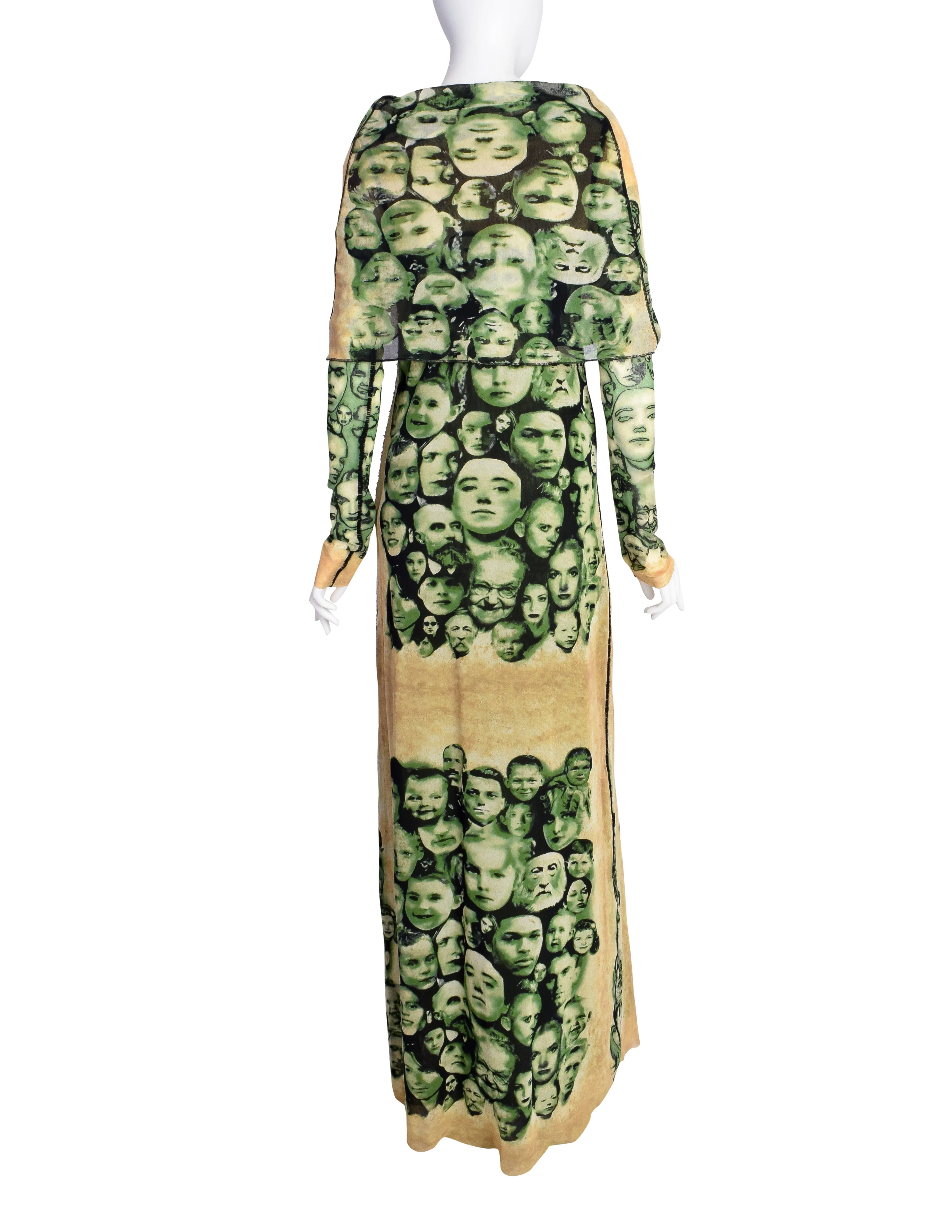 Jean Paul Gaultier Vintage Green Beige Face Print Cowl Hood Mesh Maxi Dress