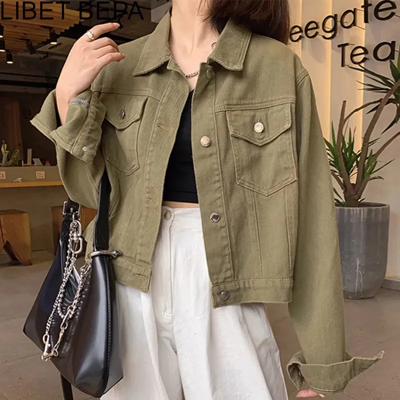 Joskaa New 2024Autumn Winter Women Denim Jeans Jacket Pockets Streetwear Short Fashionable Korean Style Oversized Lady Tops JK8060