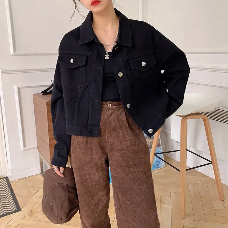 Joskaa New 2024Autumn Winter Women Denim Jeans Jacket Pockets Streetwear Short Fashionable Korean Style Oversized Lady Tops JK8060