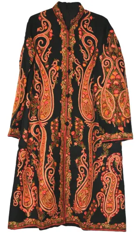 Kashmiri Woolen Coat Black, Rust and Olive Embroidery #AO-1604