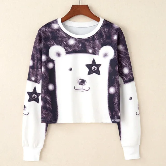 Kawaii Printed Casual Crop Top Long Sleeve