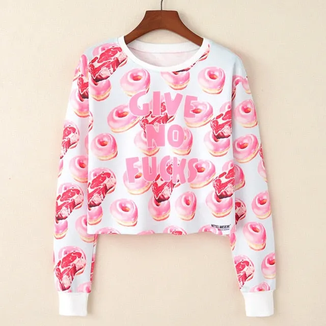 Kawaii Printed Casual Crop Top Long Sleeve