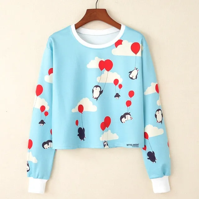 Kawaii Printed Casual Crop Top Long Sleeve