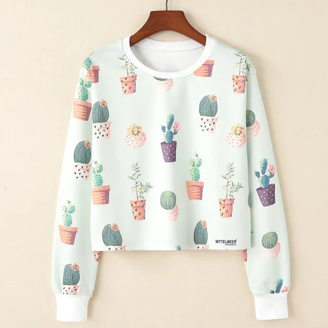 Kawaii Printed Casual Crop Top Long Sleeve