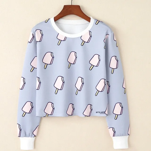 Kawaii Printed Casual Crop Top Long Sleeve