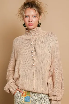 KESLEY Pearl Detail Turtleneck Long Sleeve Sweater Nude loose Fit Baggy Top