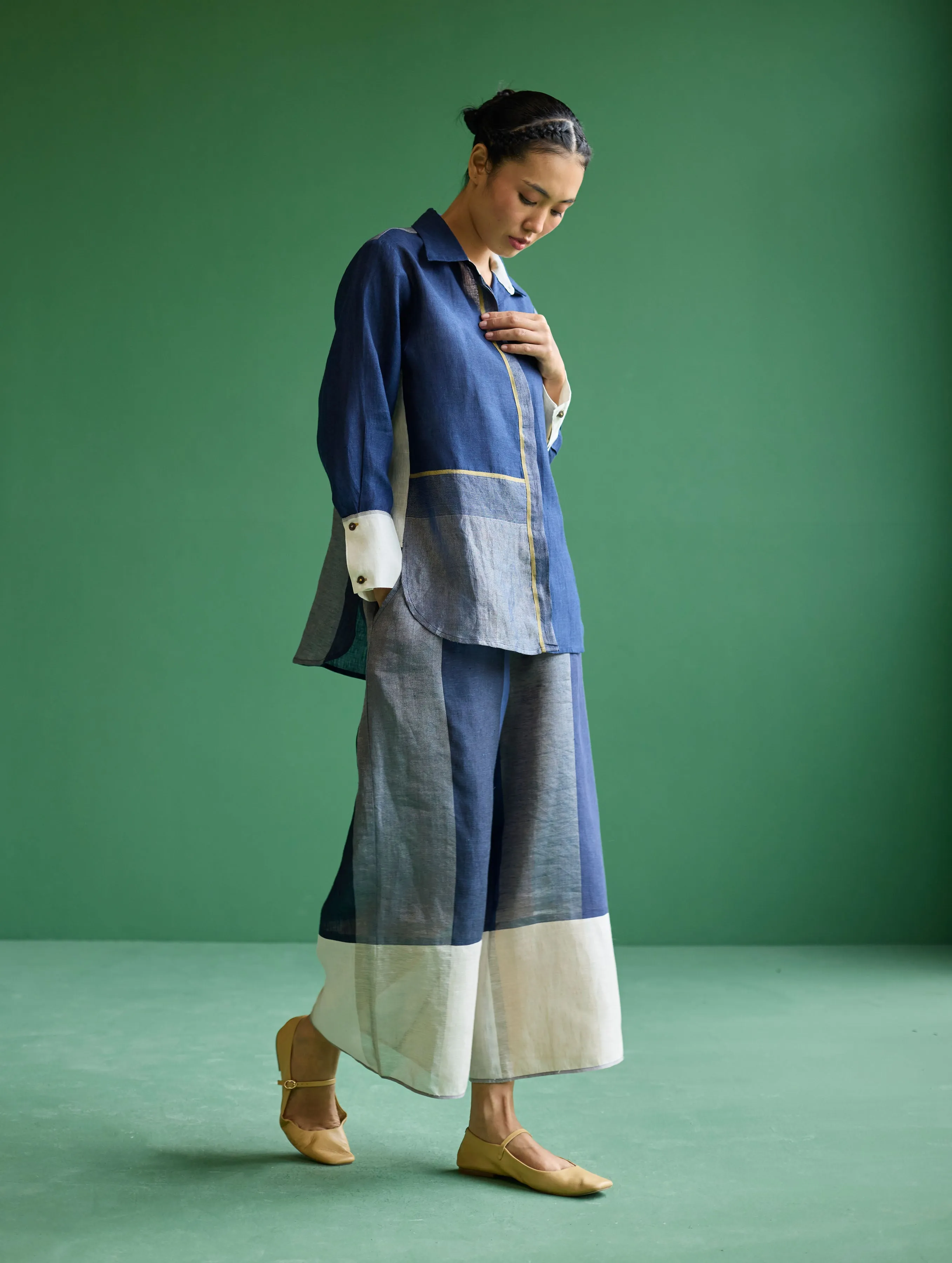 Kio Color-Blocked Linen Pant - Navy