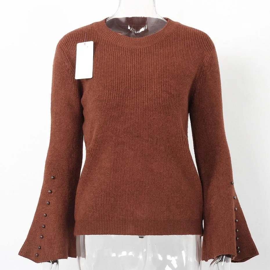 Knitted Solid Color Flare Long Sleeve Sweater