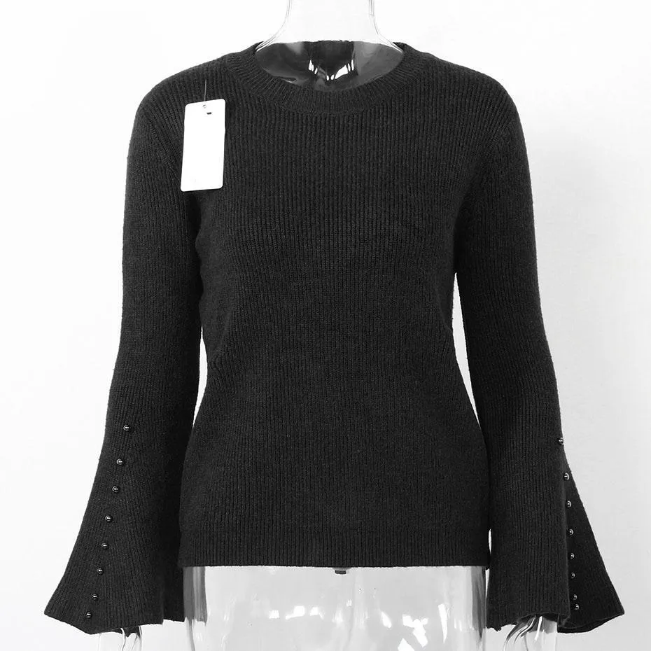 Knitted Solid Color Flare Long Sleeve Sweater